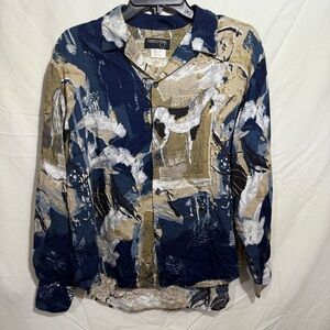 VTG Country Shop Chic Abstract Button Down Shirt Horse Newspaper Sz L 100% Rayon
